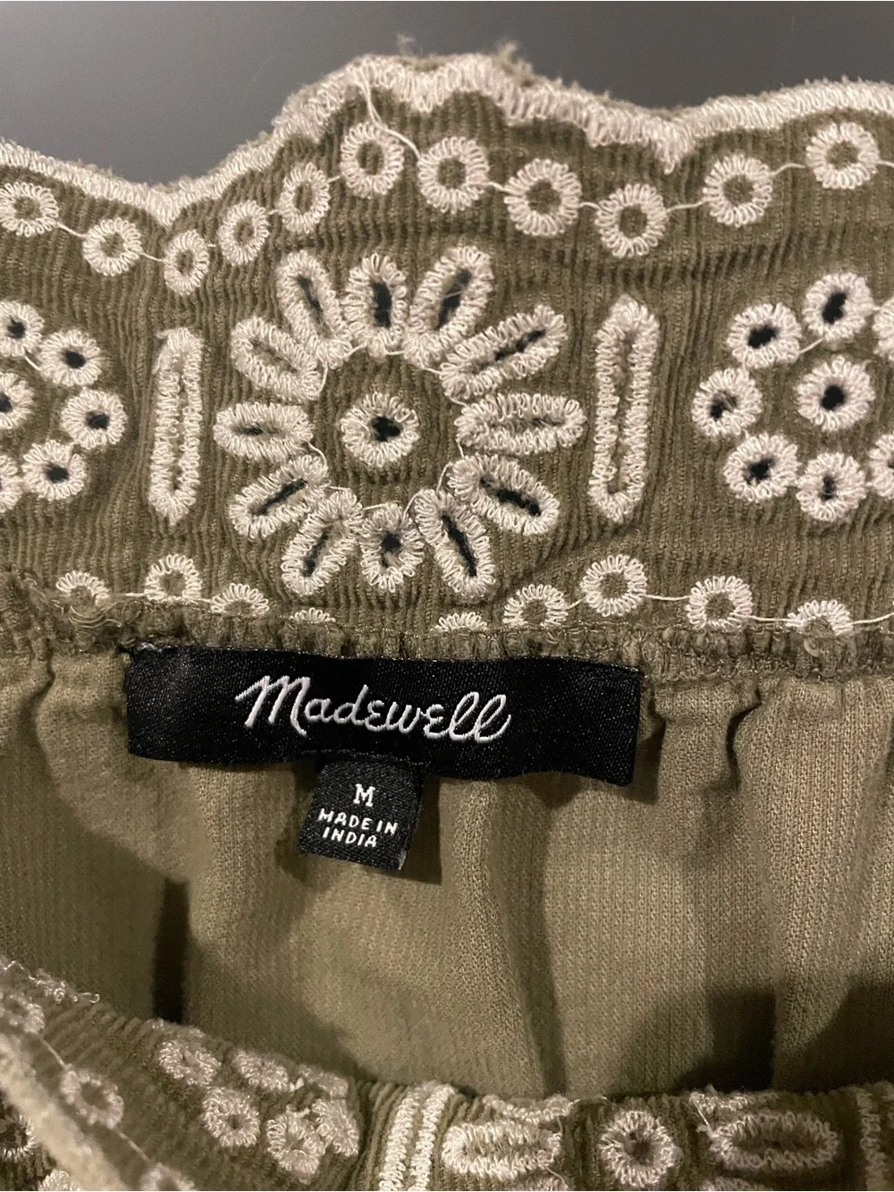 Madewell Olive Green Square-Neck Embroidered Long-Sleeve Dress